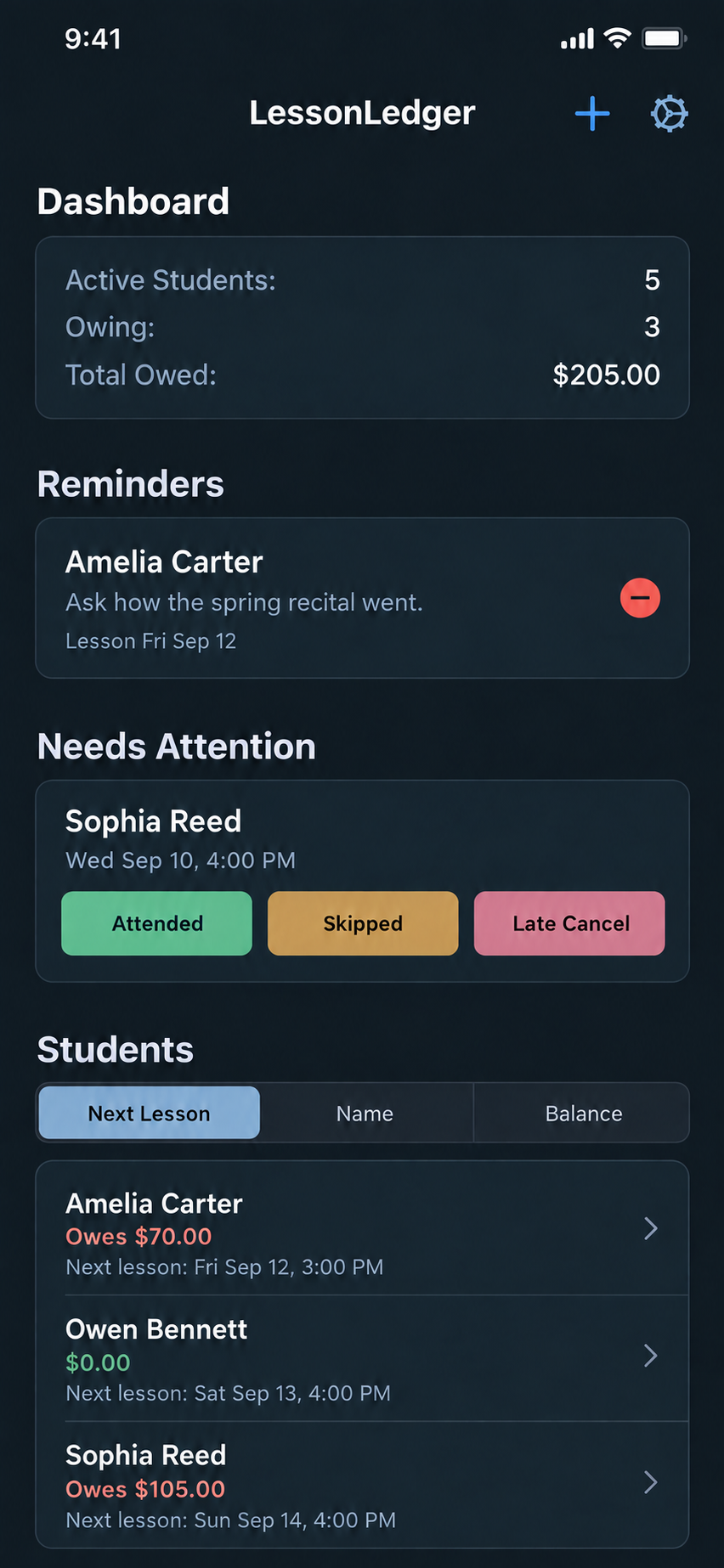 LessonLedger dashboard showing five active students, reminders, attendance actions, and current balances
